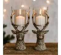 Marco Paul 2Pcs Stag Candle Holder - Silver Reindeer Table Decorations Centrepiece - Christmas Table Decoration - Pillar Candle Holders - Christmas Ornaments - Indoor Xmas Decorations