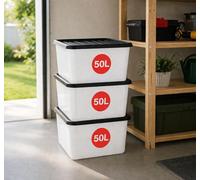 Marco Paul 3 Pack 50L Storage Boxes with Lids Clear Plastic Storage Containers Stackable Storage Bins Home Storage Organiser for Clothes Toys Kitchen Garage Moving Office Bedroom