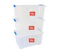 Marco Paul 3 Pack 75L Storage Boxes with Lids Extra Large Clear Plastic Storage Containers Stackable Storage Bins Heavy Duty Home Storage Organiser for Clothes Toys Garage House Move