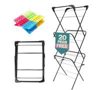 Marco Paul 3 Tier Clothes Airer with 20 Clothes Pegs Towel Washing Laundry Dryer Concertina Folding Fold Down Indoor Outdoor Patio Laundry Space Saving Clothes Rack Drying Standing (BLACK)