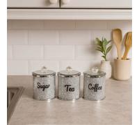 Marco Paul Stylish Set of 3 Crushed Diamond Mirror Crystal Filled Canister - Lightweight Silver Sparkle Glitter Design Containers - Decorative Kitchen Storage Accessories for Tea, Coffee and Sugars