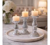 Marco Paul Silver Candle Holder Set - Decorative Table Centrepiece - Home Decorations Dining Table Living Room Kitchen Candles Tealight Holders Silver Table Centrepieces Easter Candle Holder Set of 3