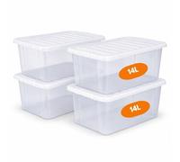 Marco Paul 4 Pack 14L Storage Boxes with Lids Clear Plastic Storage Containers Stackable Storage Bins with Lids Space Saving Storage Box Organiser for Clothes Toys Kitchen Cupboard Garage Home
