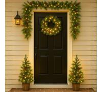 Marco Paul 4 Pack Pre-Lit Christmas Decoration Set - Pine & Red Berry Xmas Garland, Wreath & Two Christmas Trees with Dual White LED Lights - Battery Operated 8-Mode Indoor & Outdoor Xmas Decorations