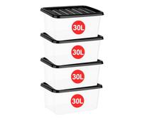Marco Paul 4 X 30L Plastic Storage Box with Black Lids - Medium Size Durable Storage Boxes Stackable & Nestable Storage Containers for Home, Garage, Office & School