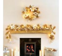 Marco Paul 40cm & 270cm Pre-Lit Christmas Wreath and Garland Set - Warm White LED Gold and Silver Magnolia Design - Luxury Front Door, Fireplace, Mantelpiece and Staircase Christmas Décor