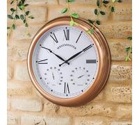 Marco Paul 40cm Copper garden clock with thermometer and barometer - Battery Power Operated Quartz Waterproof Weatherproof Garden Clock - Copper Indoor or Outdoor Weather Station for Garden Patio