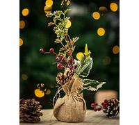 Marco Paul 42cm Artificial Mini Small Christmas Tree Potted In Jute Bag Tabletop Desk Table Centrepiece Christmas Home Decoration Ornament Indoor Outdoor Pinecone Berries Space Saving Unique Xmas Gift