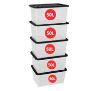 Marco Paul 5 Pack 50L Large Plastic Storage Boxes with Lids Stackable Heavy Duty Nestable Containers with Secure Clip Lids for Clothes Toys Kitchen Garage