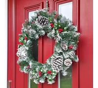 Marco Paul 50cm Snow Dusted Christmas Wreath - Frosted Pine Cones and Red Berries - Artificial Winter Door Decoration for Home, Porch and Fireplace - Reusable Festive Front Door Wreath
