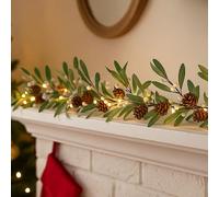 Marco Paul 6ft Pinecone and Berry Twig Christmas Garland with Warm LED Lights - 150cm Artificial Xmas Table Garland with White Berries - Light Up Christmas Decorations for Fireplace Table Stairs