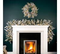 Marco Paul 9ft Frosted Christmas Garland & 50cm Christmas Wreath with LED Lights Pre Lit Artificial Pine Battery Operated Indoor Xmas Decorations for Fireplace, Doorway, Mantel or Staircase