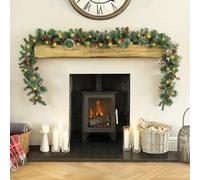 Marco Paul 9ft Luxury Pre-Lit Christmas Garland with 100 Warm White LEDs, Snow-Tipped Mixed Pine Foliage, Pinecones & Red Berries - Battery Operated Garland with Timer for Stair & Fireplace Decor