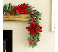 Marco Paul 9ft Luxury Pre Lit Christmas Garland with Lights Red Magnolia Flower Artificial Pine Garland Battery Operated LED Garland Cool & Warm White Lights, Fireplace & Stairs Decor