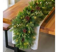 Marco Paul 9ft Luxury Thick Mistletoe and Pinecone Pre Lit Natural Christmas Garland LED Light up Artificial Winter Garland Warm & Bright White- Battery Powered Indoor Christmas Decorations