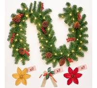 Marco Paul 9ft Pre-Lit Decorative Garland with 40 Dual White LEDs, 8 Modes & Timer, 220 Tips, Battery Operated Garland with Red & Gold Flowers and Hessian Bows for Stairs, Easter Decor