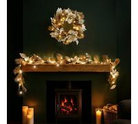 Marco Paul 9Ft Pre-Lit Gold Garland & 40Cm Wreath Set