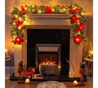 Marco Paul 9ft Premium Pre-Lit Artificial Christmas Garland Warm White LED's Artificial Greeny with red baubles and poinsetta Christmas Garland for Fireplace, Stairs, Mantle, window Indoor Decor