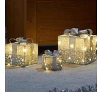 Marco Paul Boxes with 45 LED Light - Battery Operated Pre-Lit Auto Timer Light Up Festival Accessories Gift Box Parcel - Silver Sparkle Christmas Lights for Indoor Xmas Decor -Set of 3