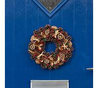 Marco Paul Christmas 30 cm Pine Wreath Garland with Dried Orange Red Berries and Cinnamon - Rustic Festive Hanging Decoration for Door Fireplace or Table - Traditional Indoor and Outdoor Xmas Décor