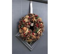 Marco Paul Christmas 30cm Pinecone Wreath with Red Berries and Dried Orange - Rustic Festive Hanging Decoration for Front Door Fireplace or Table - Traditional Indoor Xmas Garland Décor