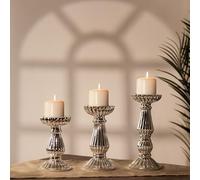 Marco Paul Set of 3 Polished Pillar Candle Holder Elegant Home Decor Warm Light Decorations Dining Table Living Room Kitchen Dinner Candles Tealight Holders Silver Table Centrepieces Set