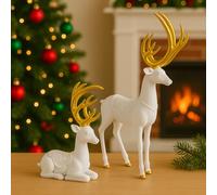 Marco Paul Christmas Set of 2 Reindeer Ornaments - White & Gold Cement Stag Figurines with Shiny Antlers - Standing & Sitting Decorative Deer Sculptures for Festive Indoor Xmas Home Décor