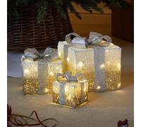 Marco Paul Christmas Set of 3 Snow Frosted Light Up Faux Gift Boxes Pre-Lit Warm White LED Parcels Battery Operated Festive Decoration Xmas Ornaments Sparkly Gifts Battery Powered (Gold and Silver)
