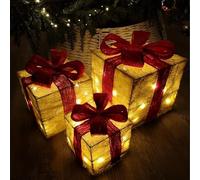 Marco Paul Christmas Set of 3 Snow Frosted Light Up Faux Gift Boxes Pre-Lit Warm White LED Parcels Battery Operated Festive Decoration Xmas Sparkly Gifts (Red and Gold)
