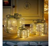 Marco Paul Christmas Set of 3 Snow Frosted Light Up Faux Gift Boxes Pre-Lit Warm White LED Parcels Battery Operated Festive Decoration Xmas Sparkly Gifts Pre Lit Xmas Ornaments Battery Powered (Gold)