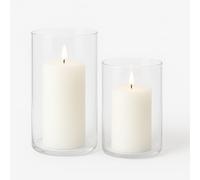 Marco Paul Clear Glass Pillar Candle Holders Set of 2 - Tall & Short Cylinder Hurricane Tumbler Design for Pillar or LED Candles - Modern Transparent Home Décor Centrepiece for Table and Mantel