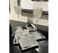Garden Mile x4 Glitter Diamond Crushed Glass Drinks Coasters Square Table Mats Sparkle Mirror Wine Coaster Set - Christmas Table Decorative Accessories Gift for Wedding Birthday Christmas Glamorous