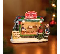 Marco Paul Doughnut and Hot Cocoa Stand Christmas Village Ornament - LED Christmas Light Up Decorations Battery Powered - Hand Painted Resin Xmas Scene Ornaments
