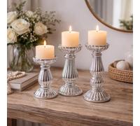 Marco Paul Extra Large 3-Piece Silver Pillar Candle Holder Set - Elegant Silver Centerpiece for Christmas Table Decorations, Wedding, Mantlepiece, and Church - Classic Vintage Finish Xmas Home Decor