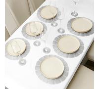 Marco Paul Extra Large Silver Placemats And Coasters 12pc Set - Washable Christmas Placemats - Non Slip Round Woven Place Mats for Table - Heat Resistant Table Mats for Kitchen Dining Tables