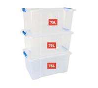 Marco Paul Extra Large Storage Box with Lid - Set of 3 Strong Clip Lock Lid 75L Clear Stackable Plastic Storage Box With Lid Containers For Home, Kitchen, Moving, Garage & Office