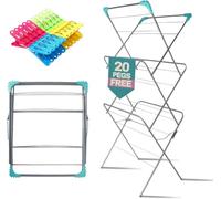 Marco Paul Folding Laundry Dryer Rack 3 Tier Clothes Airer Indoor Foldable Cloth Drying Rack with 20 Pegs Tall Clothes Horse Indoor Outdoor Non Slip Heavy Duty Clothes Airer For Light & Heavy Loads