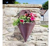 Marco Paul Garden Flower Basket 14" Wall Mounted Cone Rattan Effect Plant Holder in Brown Marco Paul Brown