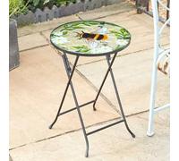 Marco Paul Glass Garden Side Table with Decorative Bee Top - Heavy Duty Metal Frame Outdoor Side Tables for Garden, Patio, Outdoor drinks table, Folding Bistro Table (Bee)