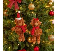 Marco Paul Highland Cow Hanging Christmas Tree Decoration Set - 22cm Red Bow Cow & 25cm Santa Hat Cow - Plush Highland Cow Baubles for Xmas Tree Décor, Indoor Christmas Decorations & Novelty Ornaments