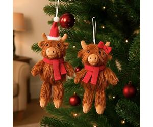 Marco Paul Highland Cow Hanging Christmas Tree Decoration Set - 22cm Red Bow Cow & 25cm Santa Hat Cow - Plush Highland Cow Baubles for Xmas Tree Décor, Indoor Christmas Decorations & Novelty Ornaments