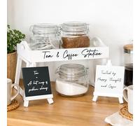 Marco Paul Hot Drinks Station Set 6PC - Tea Coffee Sugar Storage Tray with Legs, 3 Glass Clip Top Jars, 2 Easel Signs, Double Sided Coffee Station & Hot Chocolate Bar Display Wooden Serving Tray