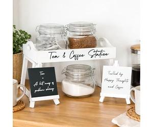 Marco Paul Hot Drinks Station Set 6PC - Tea Coffee Sugar Storage Tray with Legs, 3 Glass Clip Top Jars, 2 Easel Signs, Double Sided Coffee Station & Hot Chocolate Bar Display Wooden Serving Tray