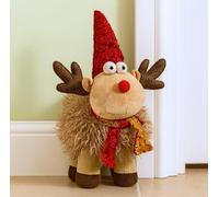 Marco Paul Large 38cm Reindeer Christmas Decoration - Heavy Duty Plush Deer Ornament with Sequin Santa Hat for Novelty Xmas Decor and Decorative Doorstop - Free Standing Christmas Novelty Figure