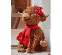 Marco Paul Large Highland Cow Christmas Decoration - 22cm Heavy Duty Plush Highland Cow Ornament with Red Bow for Decorative Doorstop and Novelty Xmas Decor - Freestanding Christmas Novelty Figure