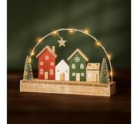 Marco Paul Large LED Light Up Christmas Village Scene Houses Warm White Illuminated Pre lit Christmas Tree Star Xmas Home Ornament Decoration Wooden Winter Scene Nordic Night Light Kids 25cm