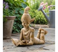 Marco Paul Large Reading Elf Garden Ornament 37cm - Bronze Effect Resin Pixie Statue - Weatherproof Outdoor Fairy Garden Decor - Rustic Elf Sculpture for Lawn Patio Shelf Home Decoration Gift