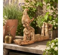 Marco Paul Large Reading Elf Garden Ornament 37cm Rustic Bronze Effect Resin Elf Statue Lying Down with Book Weatherproof Indoor Outdoor Garden Fairy Elf Figurine Decoration Fairy Garden Decor Elf