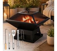 Marco Paul Large Square Fire Pit 34 X 45Cm - Black Powder Coated Metal Firepit Table With Tools