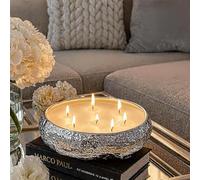 Marco Paul Large Vanilla Scented Candle Bowl - 7 Wick Silver Candle Dish Hammered Tone Home Decoration - Home Fragrance Luxury Soy Wax Christmas Gifts Long Lasting Dining Table Centrepiece